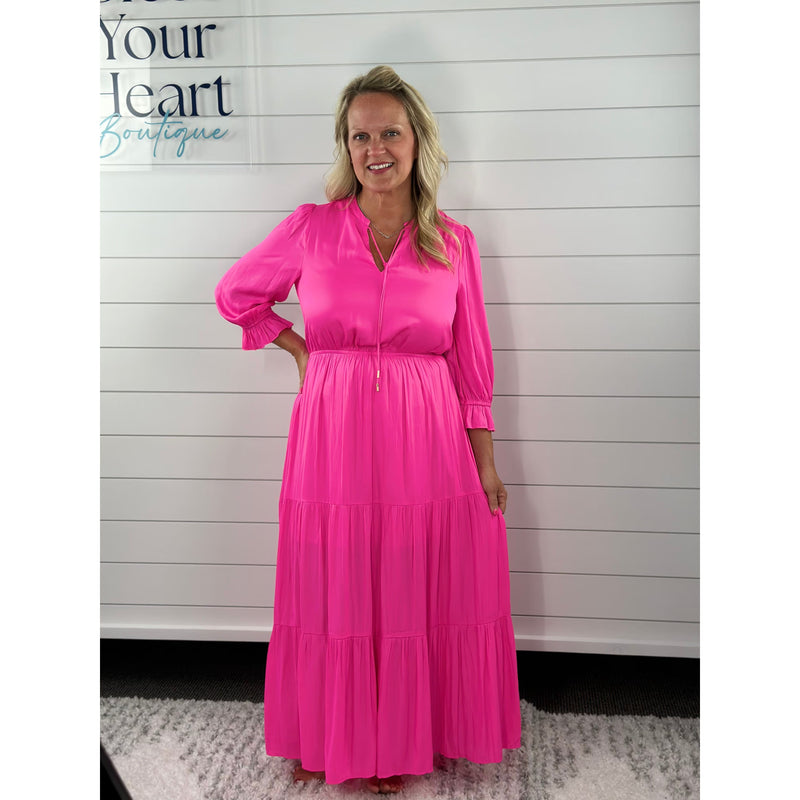 Rayne Split Neck Ruffle Tiered Maxi Dress - Pink Bubblegum