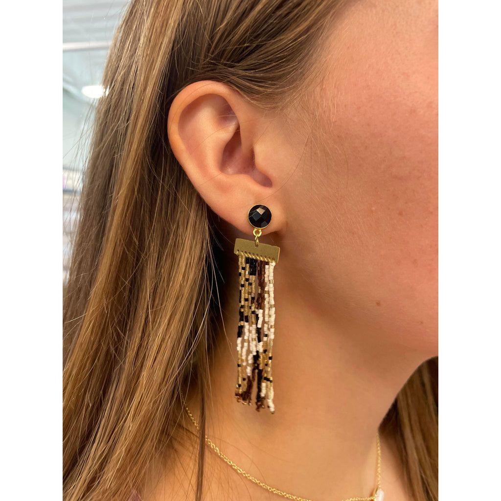 INK+ALLOY Lilah Semi-Precious Stone Post With Organic Shapes Beaded Fringe Earrings - Black/White