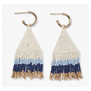 James Mini Gold Hoop Colorblock Beaded Fringe Earrings Navy