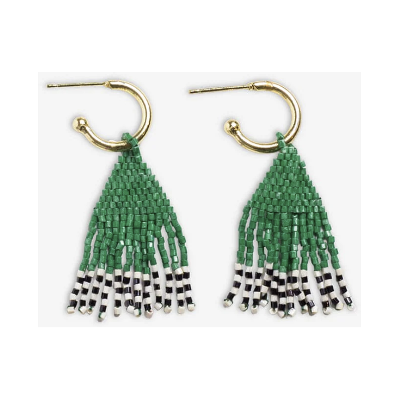 Leta Mini Gold Hoop Solid With Black/White Bottom Beaded Fringe Earrings Kelly Green