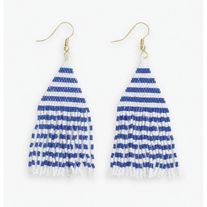 Lexie Horizontal Stripes Beaded Fringe Earrings Blue and White