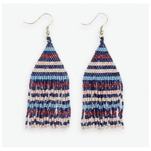 Lexie Horizontal Lines Beaded Fringe Earrings Navy + Silver