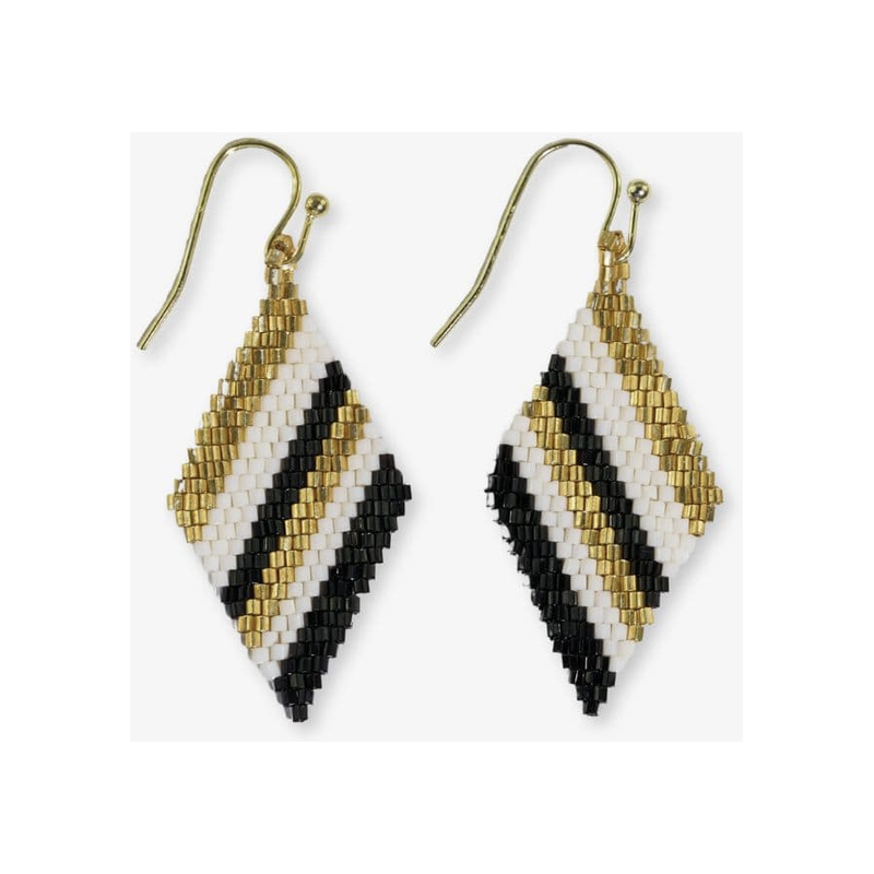 Zelda Diagonal Stripes Beaded Diamond Drop Earrings Black