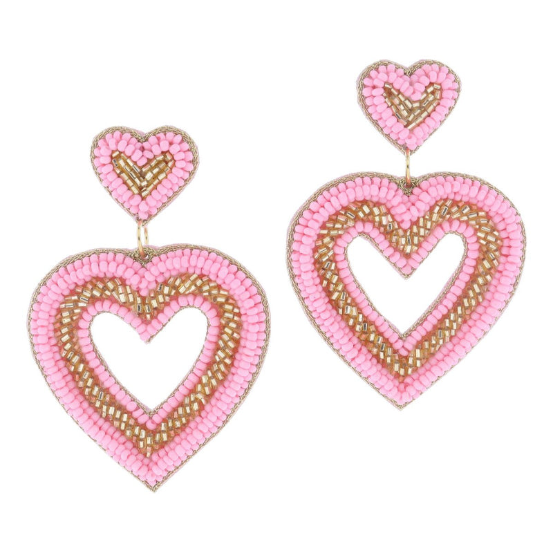 Gold and Light Pink Beaded Open Heart Earrings