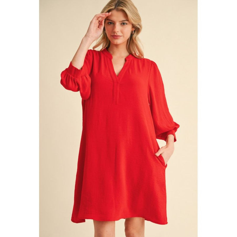 Jillian Split Neck Puff Sleeve Dress - Tomato Red