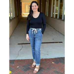 Judy Blue High Waisted Elastic Drawstring and Cuffed Jogger Jeans - Medium Wash