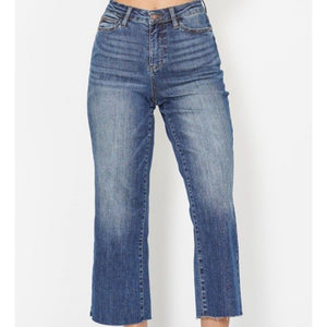 Judy Blue High Waist Back Pocket Embroidery Wide Leg Cropped Jeans - Dark Wash