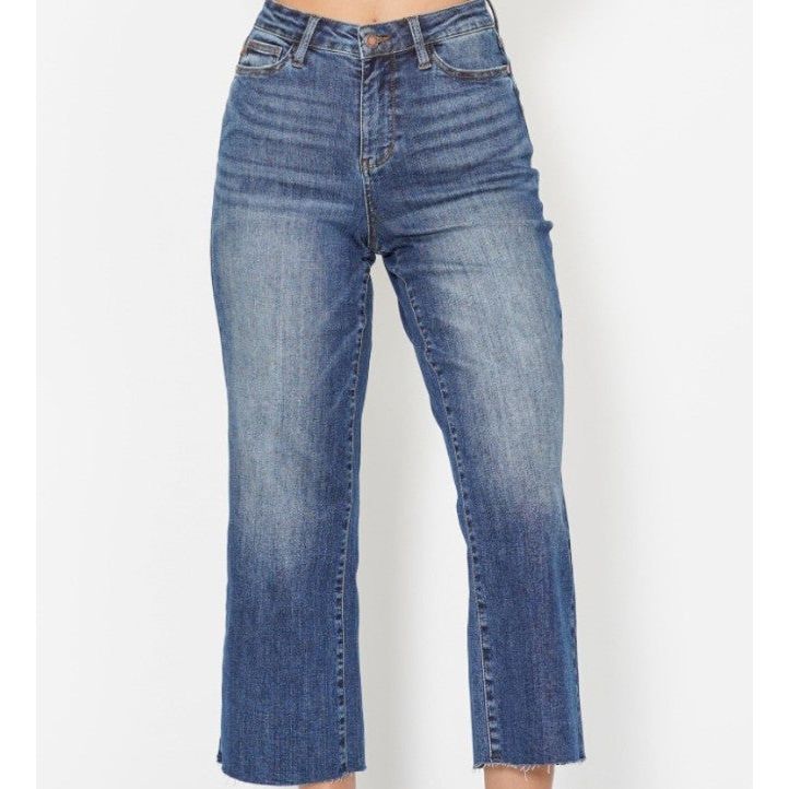Judy Blue High Waist Back Pocket Embroidery Wide Leg Cropped Jeans - Dark Wash