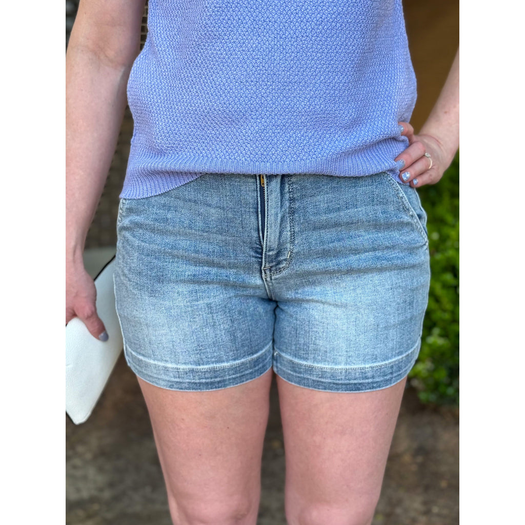 Judy Blue High Waist Denim Trouser Shorts - Medium Wash