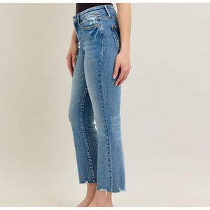 Judy Blue Mid Rise Vintage Wash Destroy Hem Kick Flare - Medium Blue