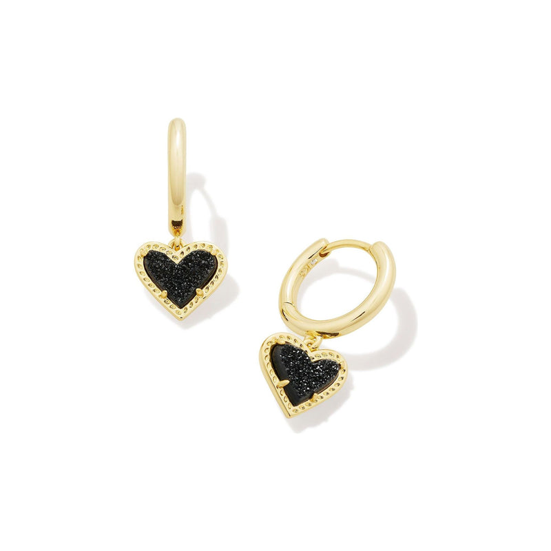 KENDRA SCOTT ARI HEART HUGGIE EARRINGS GOLD BLACK DRUSY