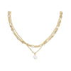 Gold chain necklace with a pearl pendant on a white background