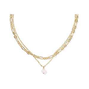 Gold chain necklace with a pearl pendant on a white background