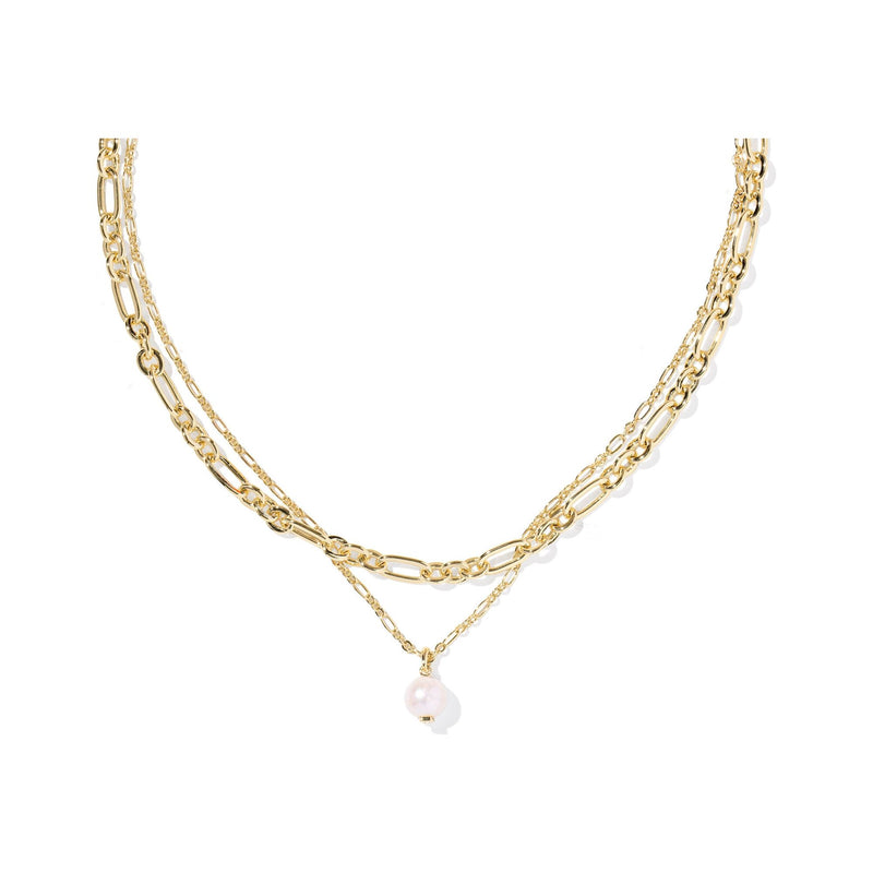 Gold chain necklace with a pearl pendant on a white background