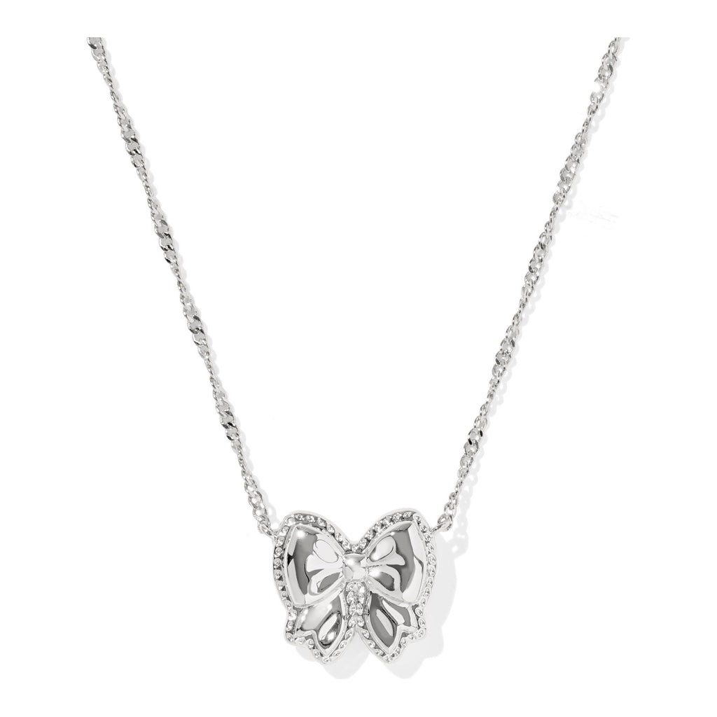 Silver bow necklace on a white background