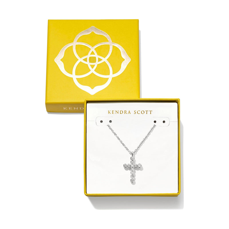 KENDRA SCOTT BOXED CROSS CRYSTAL PENDANT NECKLACE SILVER WHITE CRYSTAL