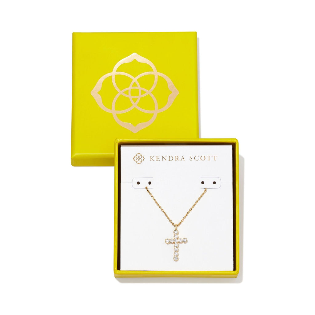 KENDRA SCOTT BOXED CROSS CRYSTAL PENDANT NECKLACE GOLD WHITE CRYSTAL