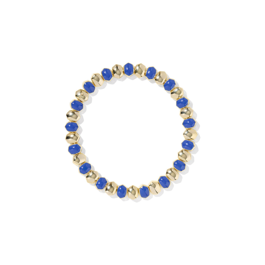Beaded bracelet with blue and gold beads on a white background