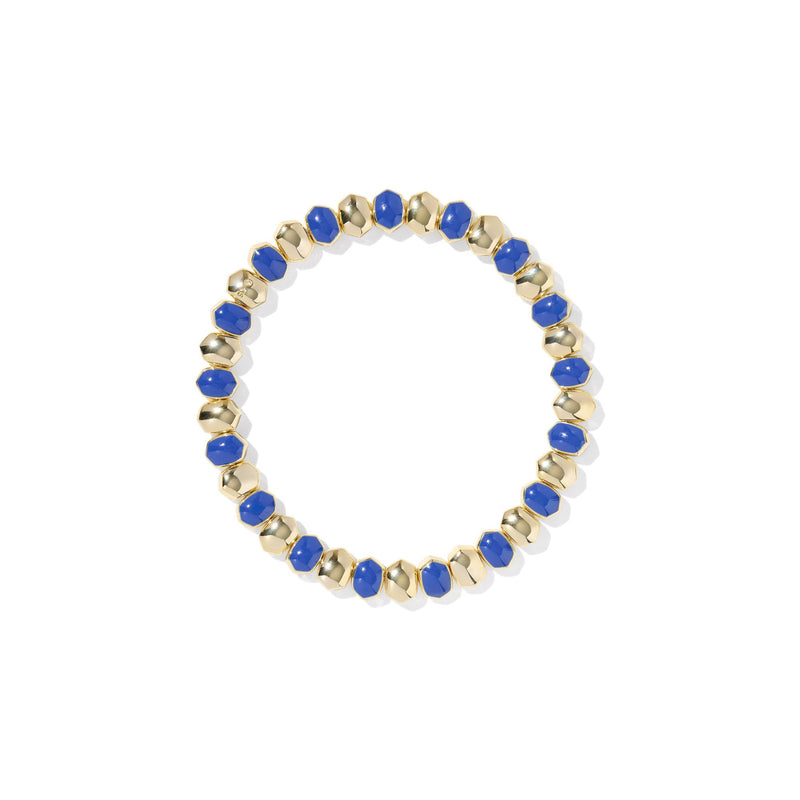 Beaded bracelet with blue and gold beads on a white background