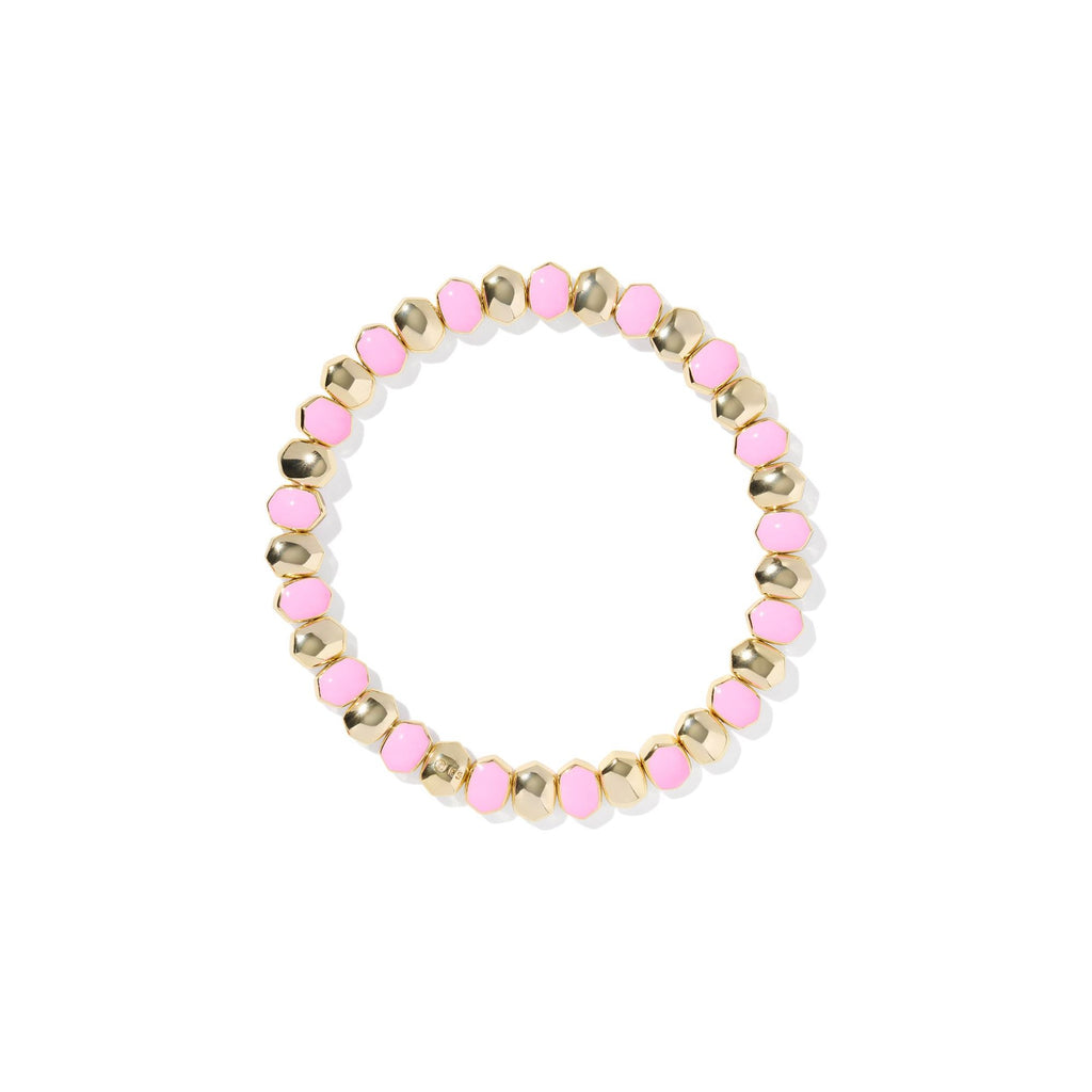 Beaded bracelet with pink and gold beads on a white background