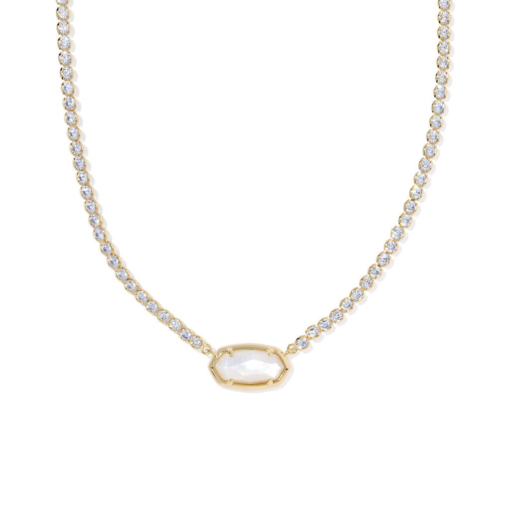 Necklace with a gold chain and a central gemstone on a white background