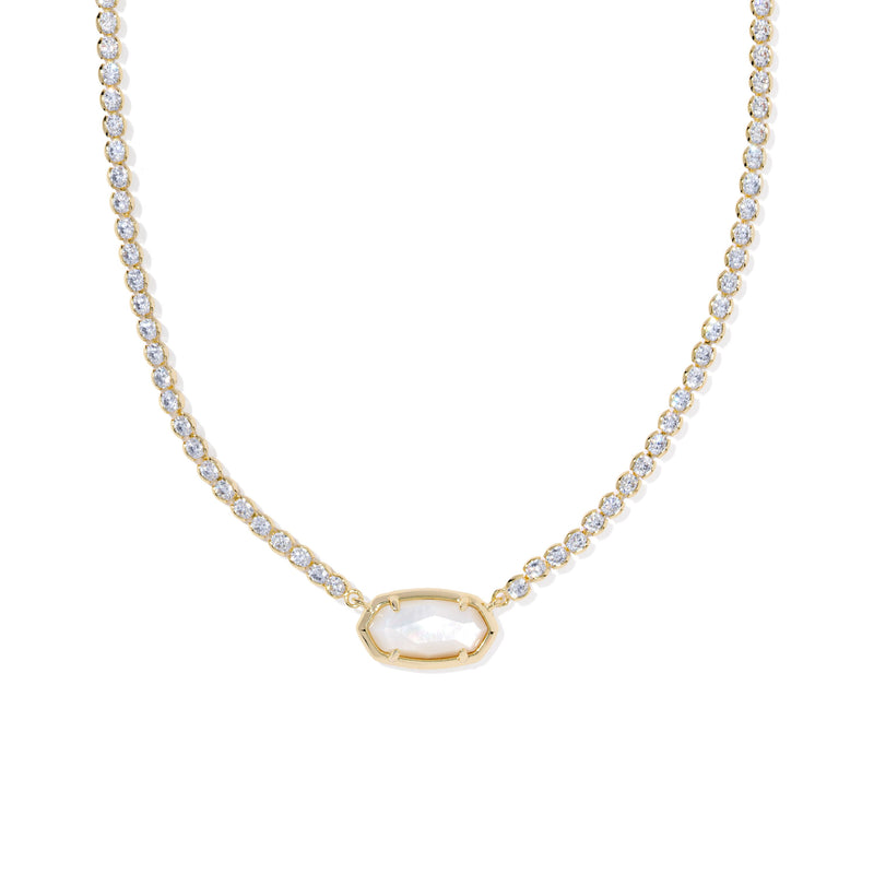 Necklace with a gold chain and a central gemstone on a white background