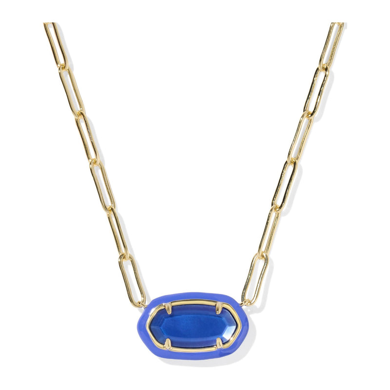 Gold chain necklace with a blue pendant on a white background