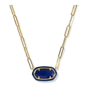Gold chain necklace with a blue pendant on a white background