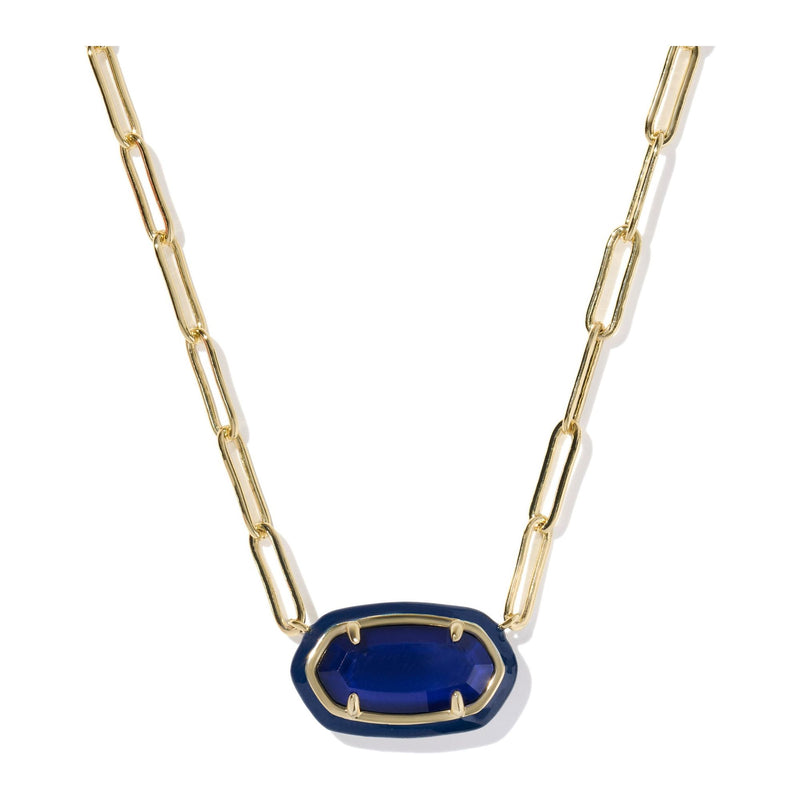 Gold chain necklace with a blue pendant on a white background
