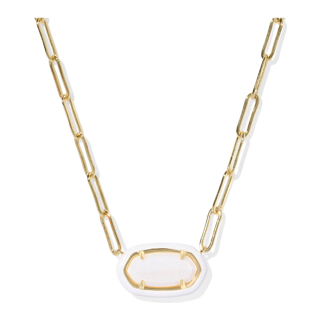 Gold chain necklace with a white pendant on a white background