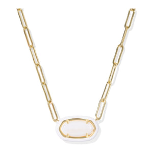 Gold chain necklace with a white pendant on a white background