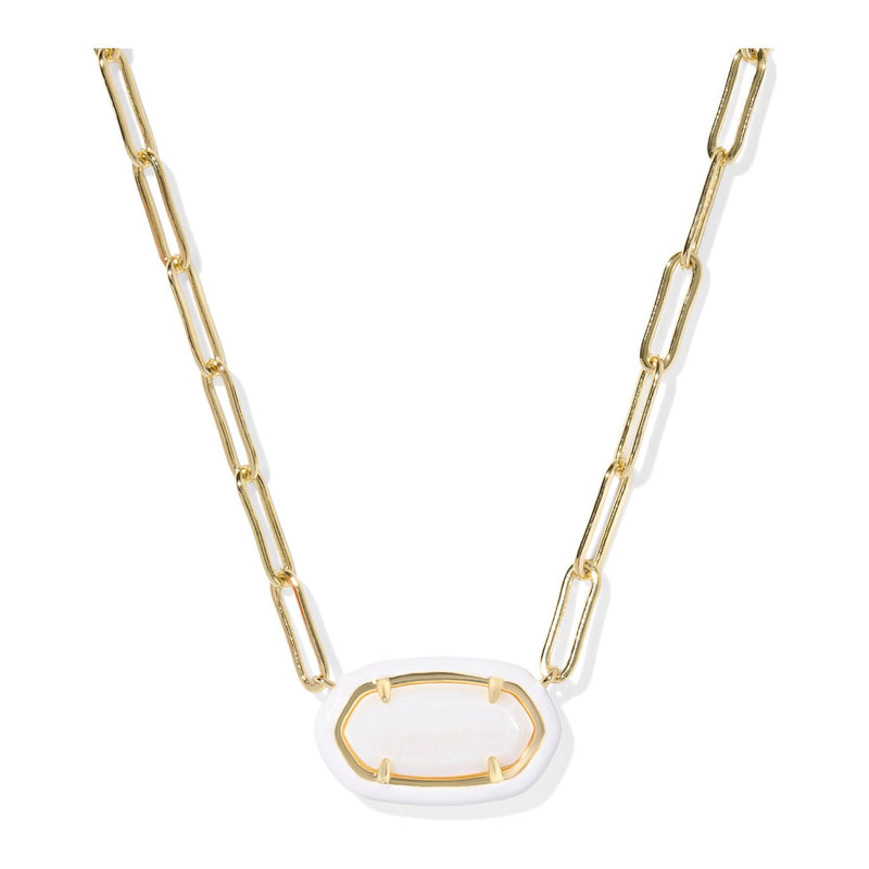 Gold chain necklace with a white pendant on a white background