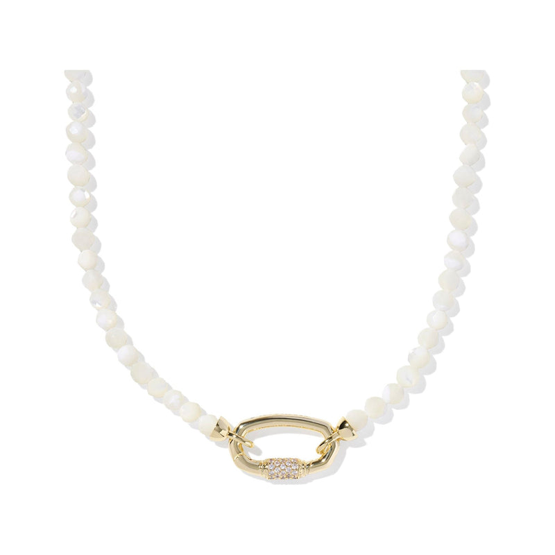 Beaded necklace with a gold clasp on a white background