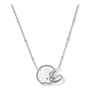 Silver helmet necklace on a white background