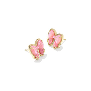 Pink bow earrings with gold accents on a white background