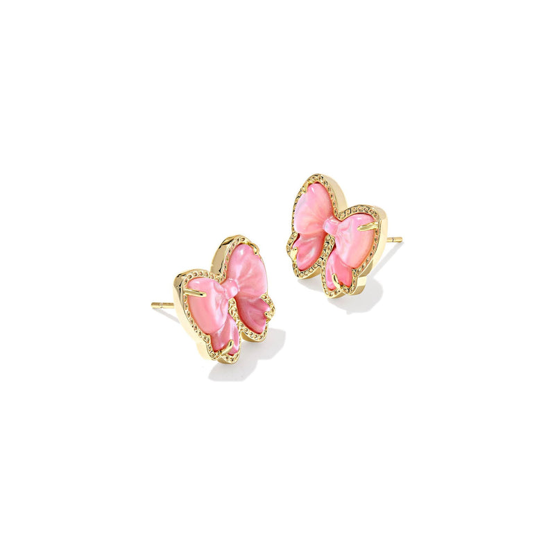 Pink bow earrings with gold accents on a white background