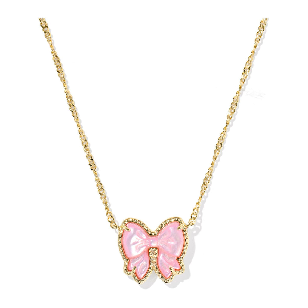 Necklace with a pink bow pendant on a white background