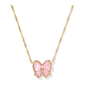 Necklace with a pink bow pendant on a white background