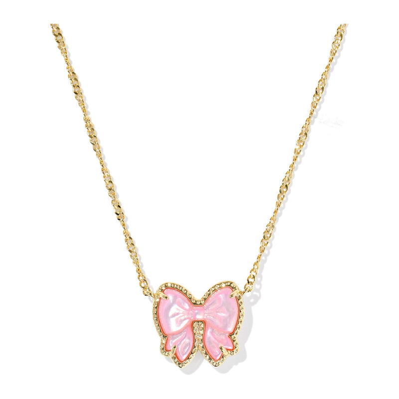 Necklace with a pink bow pendant on a white background