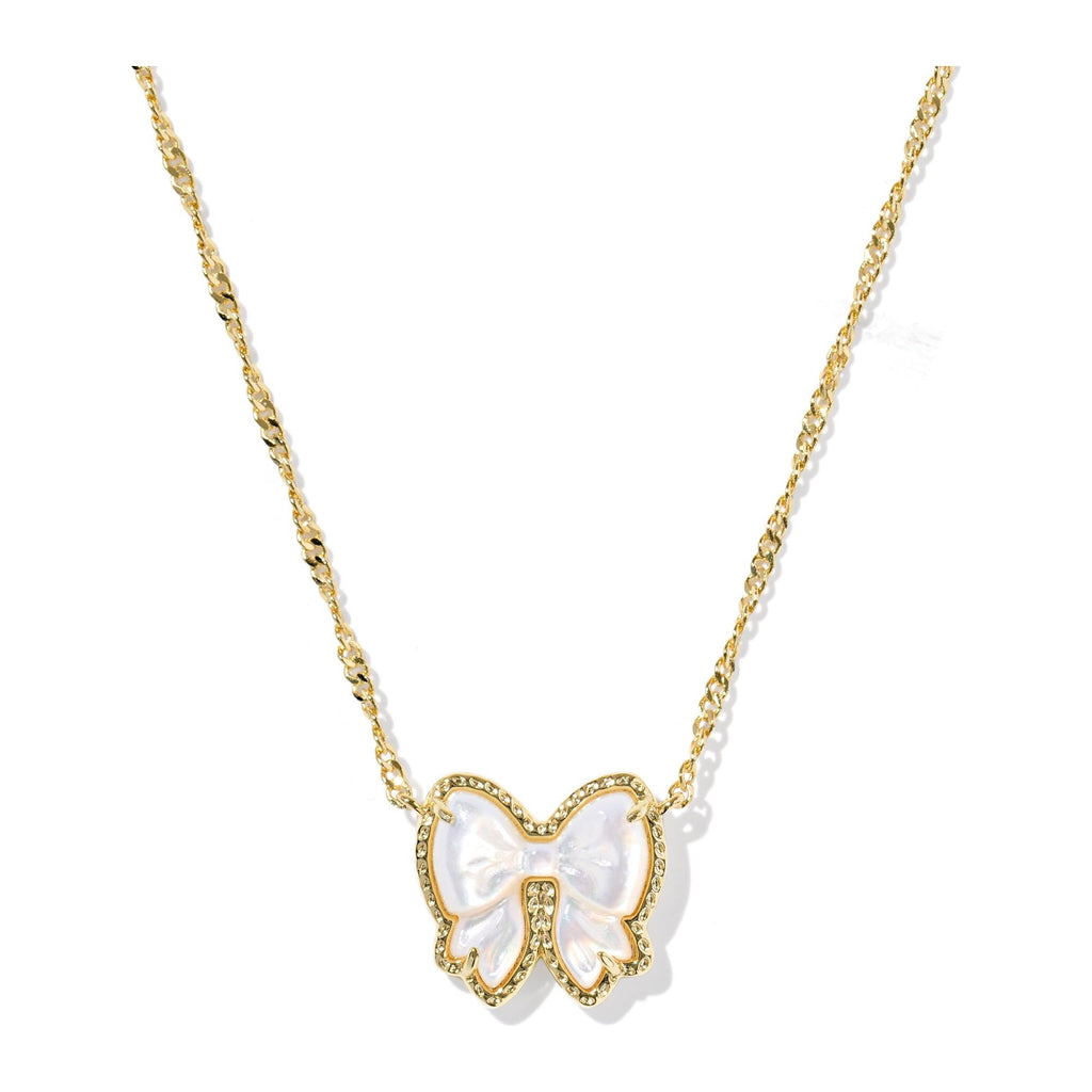 bow-shaped pendant necklace with gold chain on a white background
