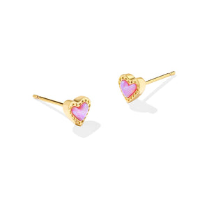 KENDRA SCOTT MINI ARI HEART STUD EARRINGS GOLD BUBBLEGUM PINK KYOCERA OPAL