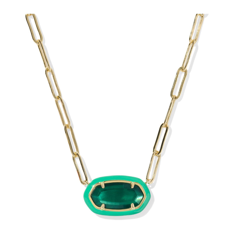Gold chain necklace with a green pendant on a white background