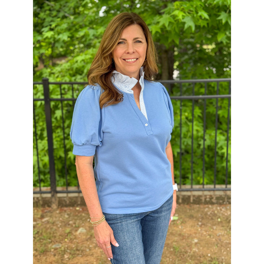 Laurel Striped Collar Puff Sleeve Polo Top - Periwinkle