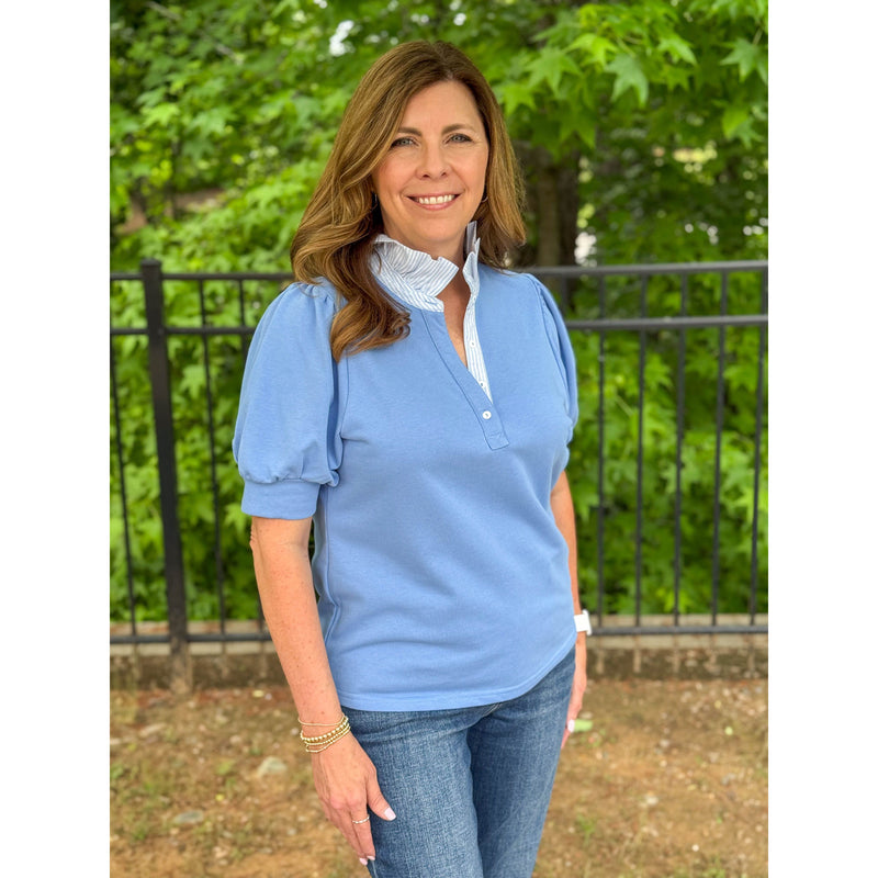 Laurel Striped Collar Puff Sleeve Polo Top - Periwinkle