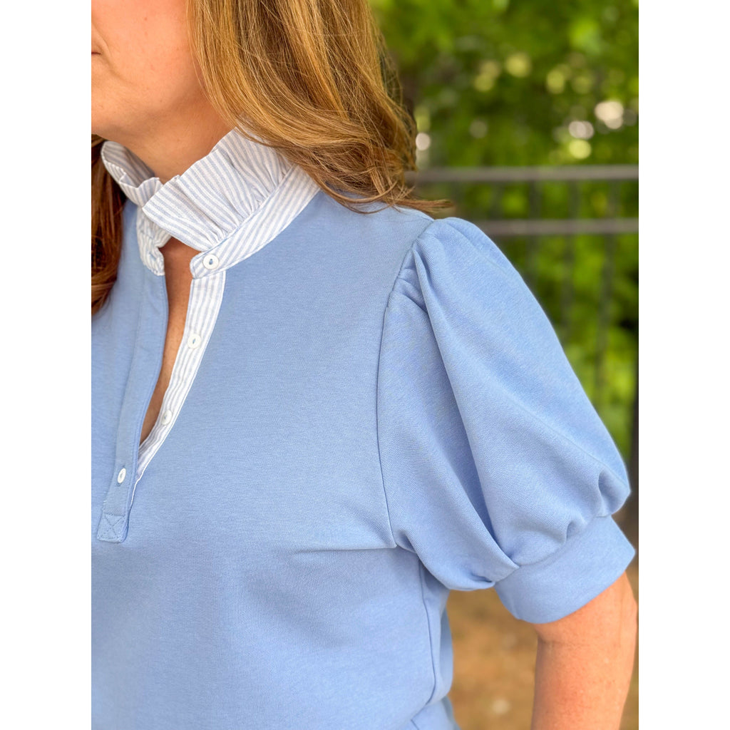 Laurel Striped Collar Puff Sleeve Polo Top - Periwinkle