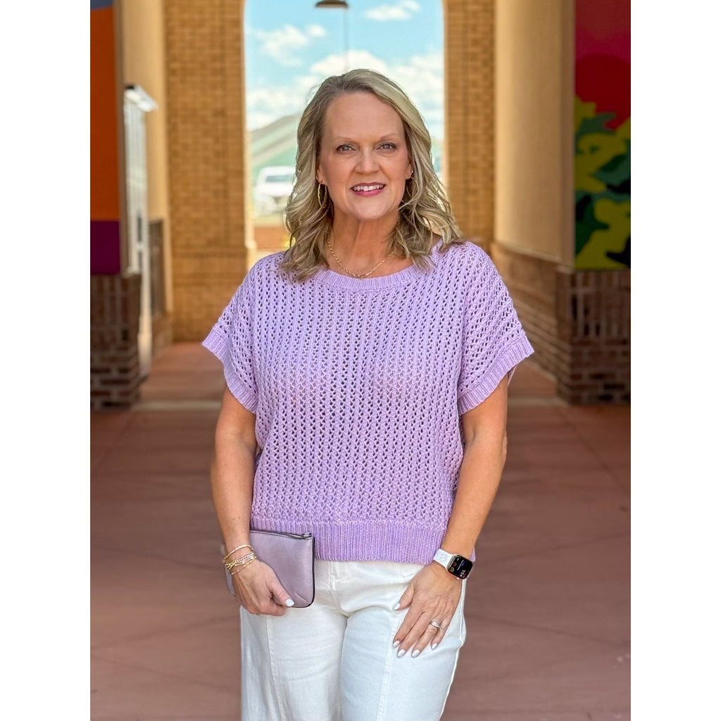 Michele Crochet Weave Slouchy Pullover Sweater - Lavender