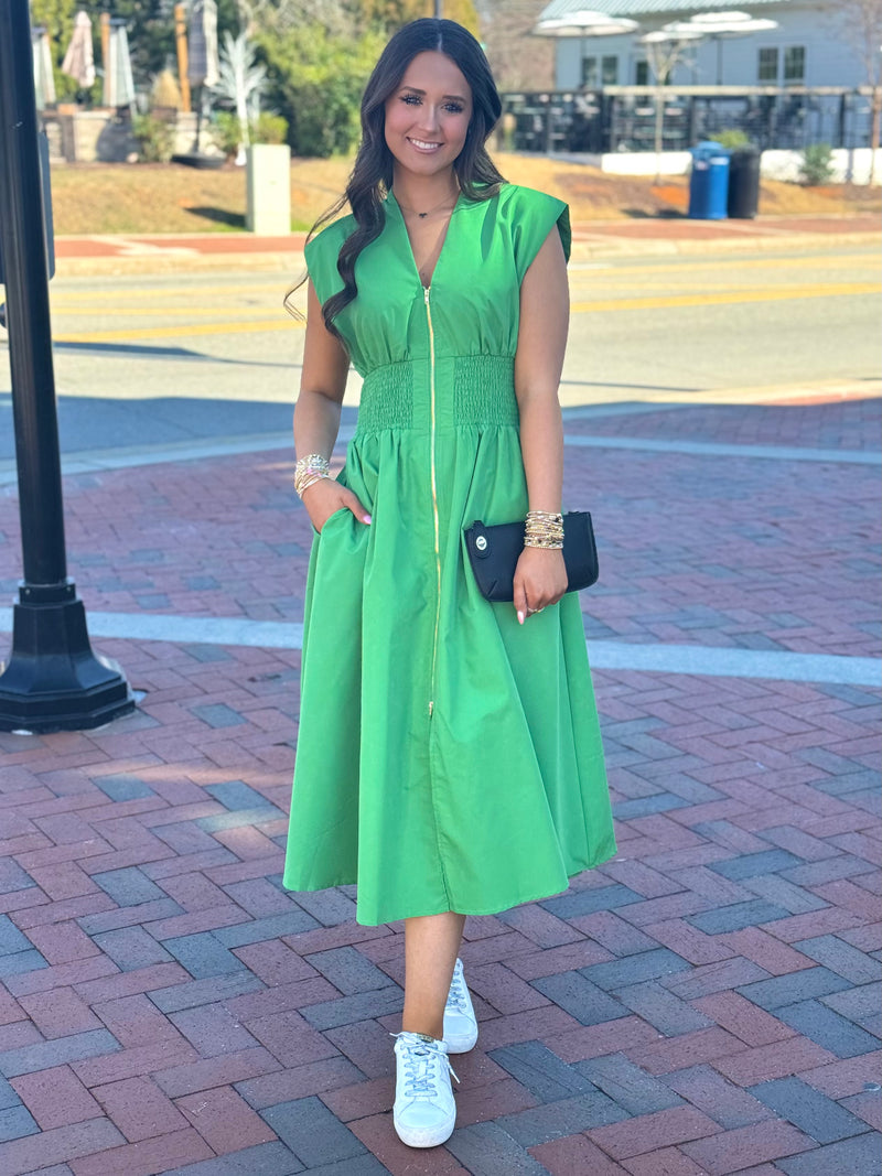 Leanne Solid V-Neck Midi Dress - Green