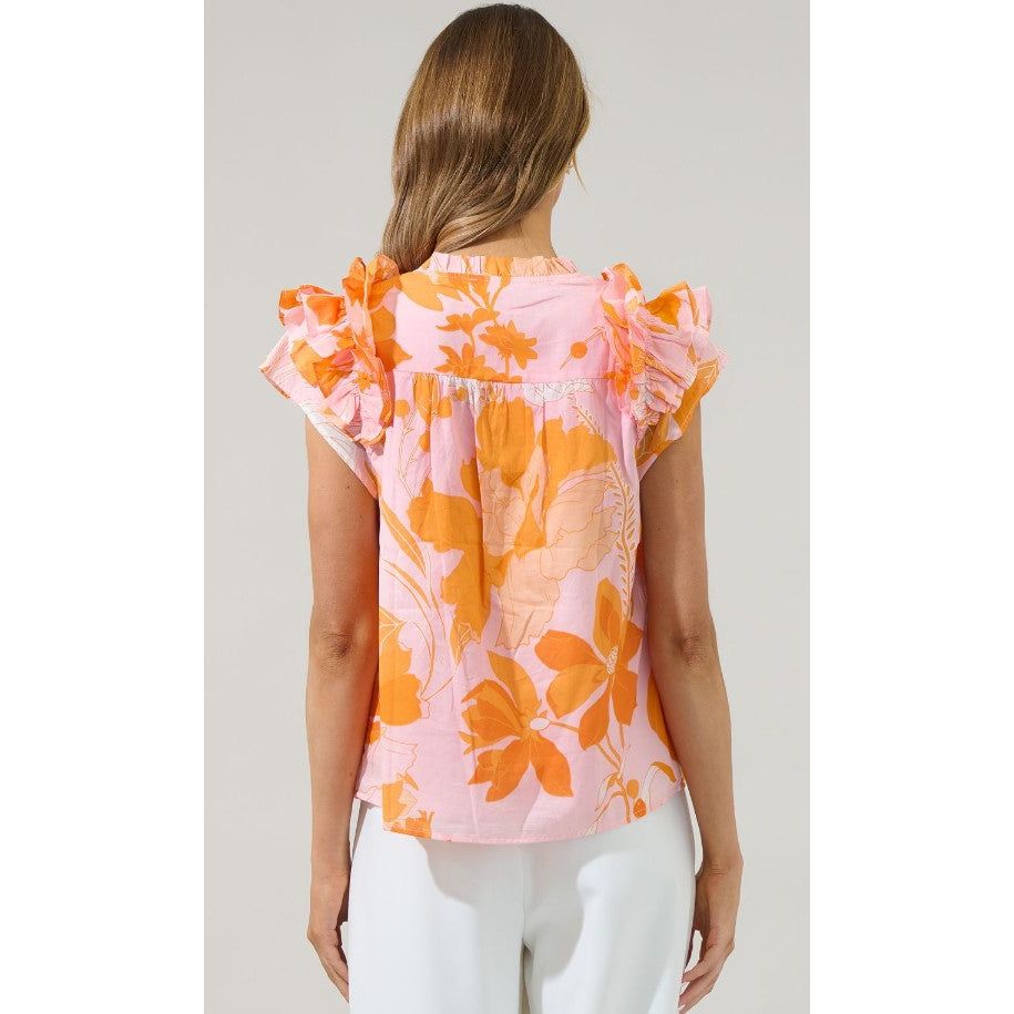 Lenira Floral Ramona Ruffle Split Neck Top - Pink/Orange