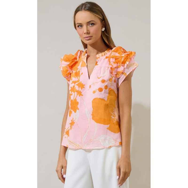 Lenira Floral Ramona Ruffle Split Neck Top - Pink/Orange