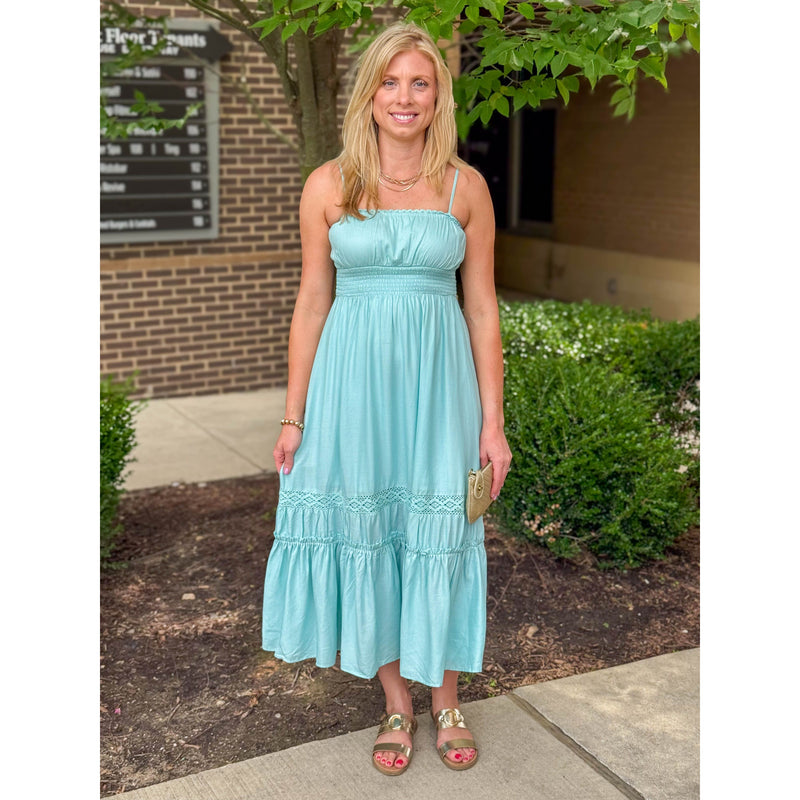 Broghan Lace Detail Woven Midi Dress - Light Teal - FINAL SALE Medium Broghan Lace Detail Woven Midi Dress - Light Teal - FINAL SALE Medium